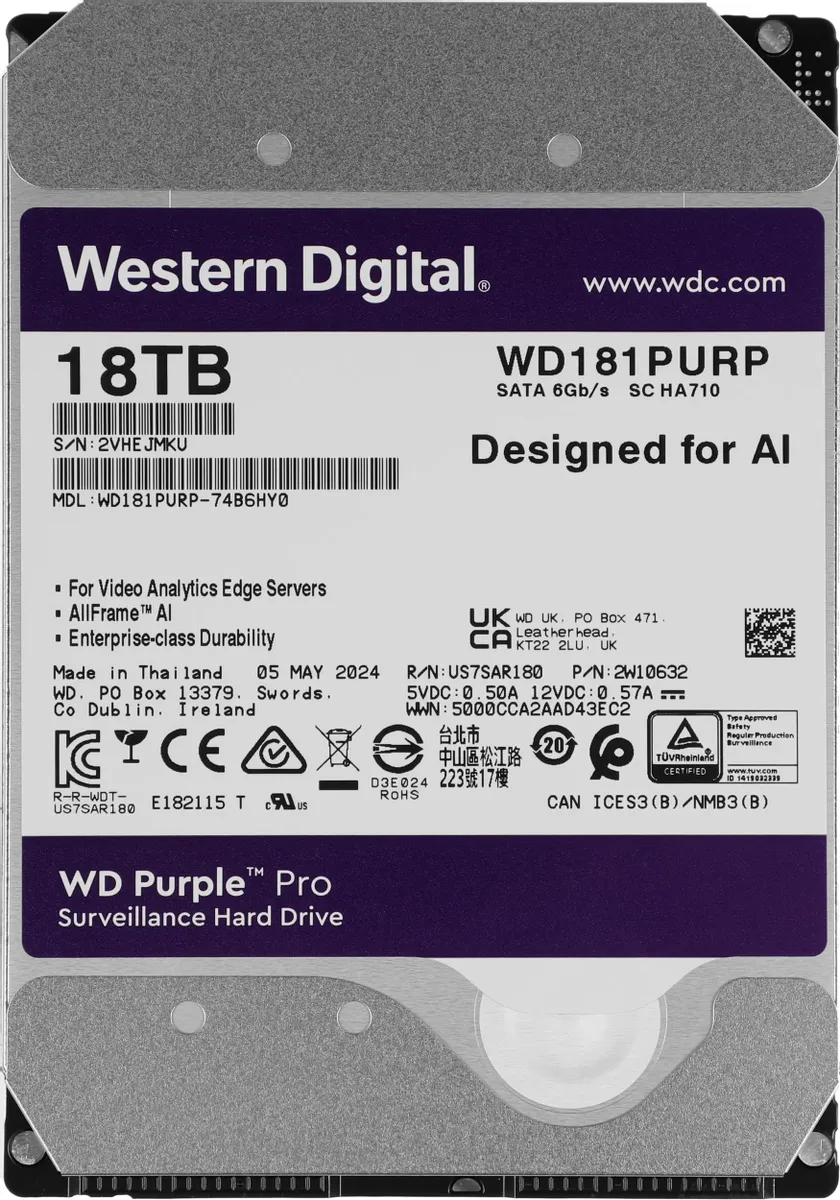 Жесткий диск WD Purple Pro WD181PURP, 18ТБ, HDD, SATA III, 3.5"
