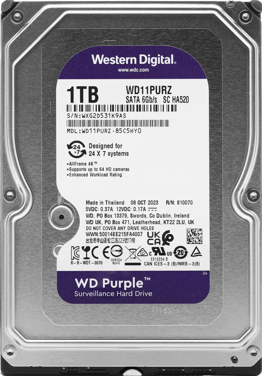 Жесткий диск WD Purple WD11PURZ, 1ТБ, HDD, SATA III, 3.5"