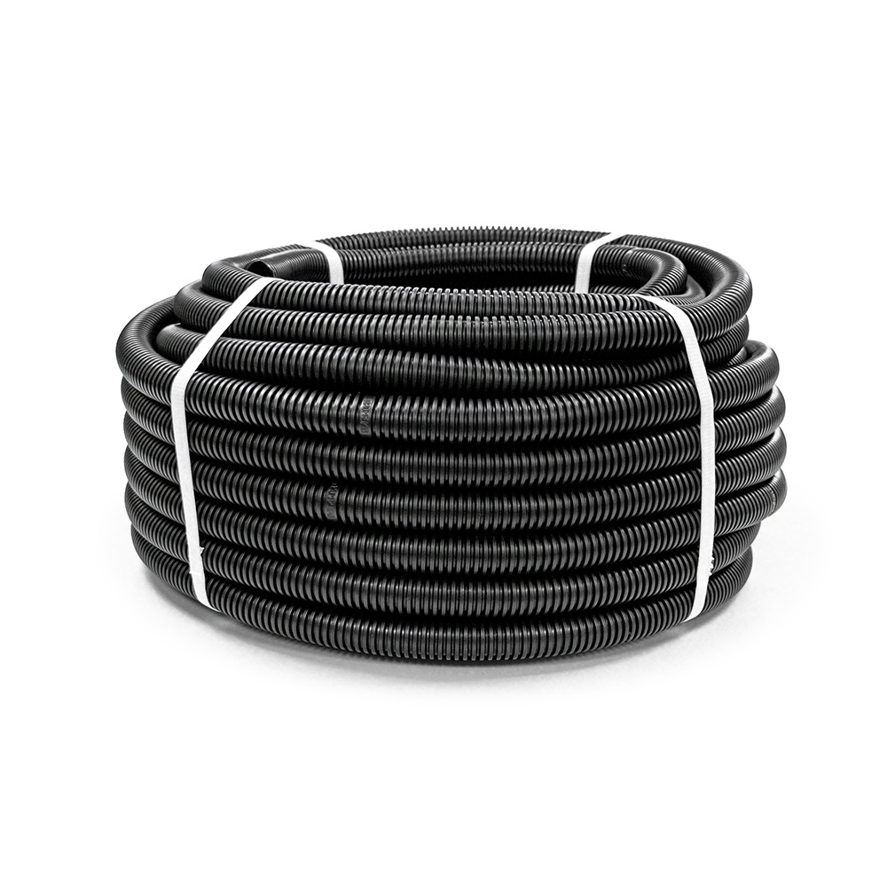 Труба гофрированная ПНД, d25, легкая, с протяжкой, черн., 350 Н, безгалогенн. (HF), стойкая к УФ, 25м