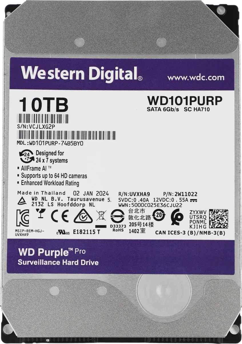 Жесткий диск WD Purple Pro WD101PURP, 10ТБ, HDD, SATA III, 3.5"