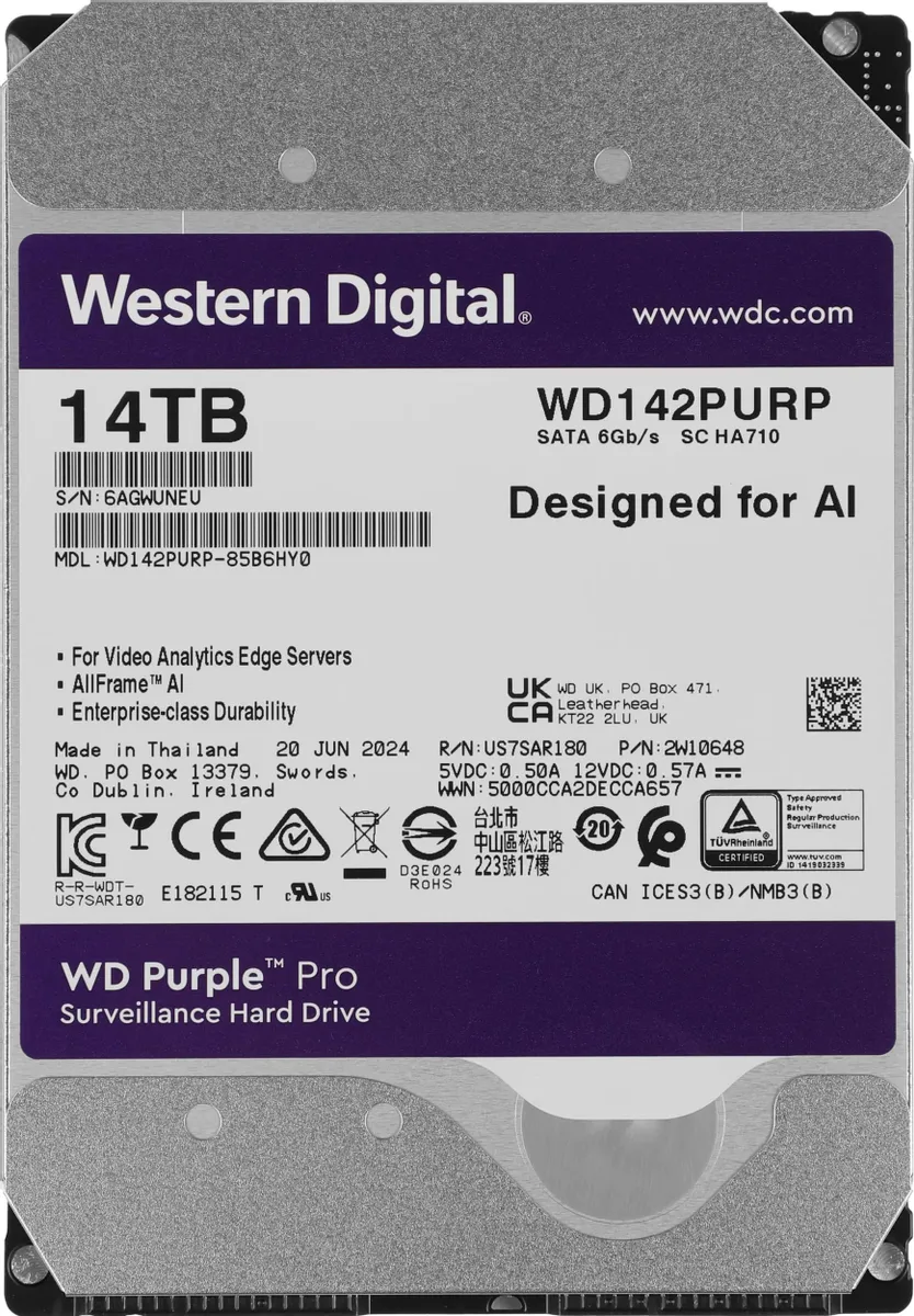 Жесткий диск WD Purple Pro WD142PURP, 14ТБ, HDD, SATA III, 3.5"