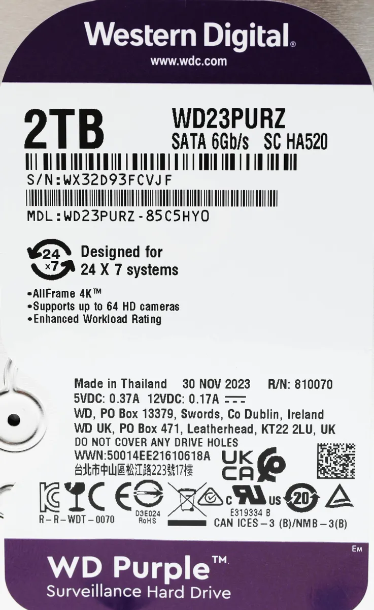 Жесткий диск WD Purple WD23PURZ, 2ТБ, HDD, SATA III, 3.5"