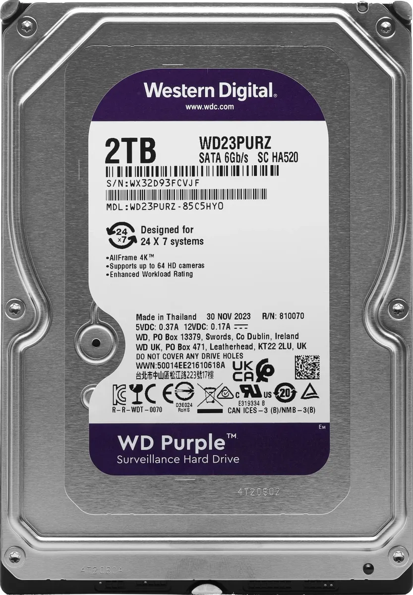 Жесткий диск WD Purple WD23PURZ, 2ТБ, HDD, SATA III, 3.5"